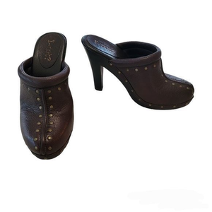 Y-NOT? brown leather gold studded heels mules‎ 3 inch Y2K size 7
